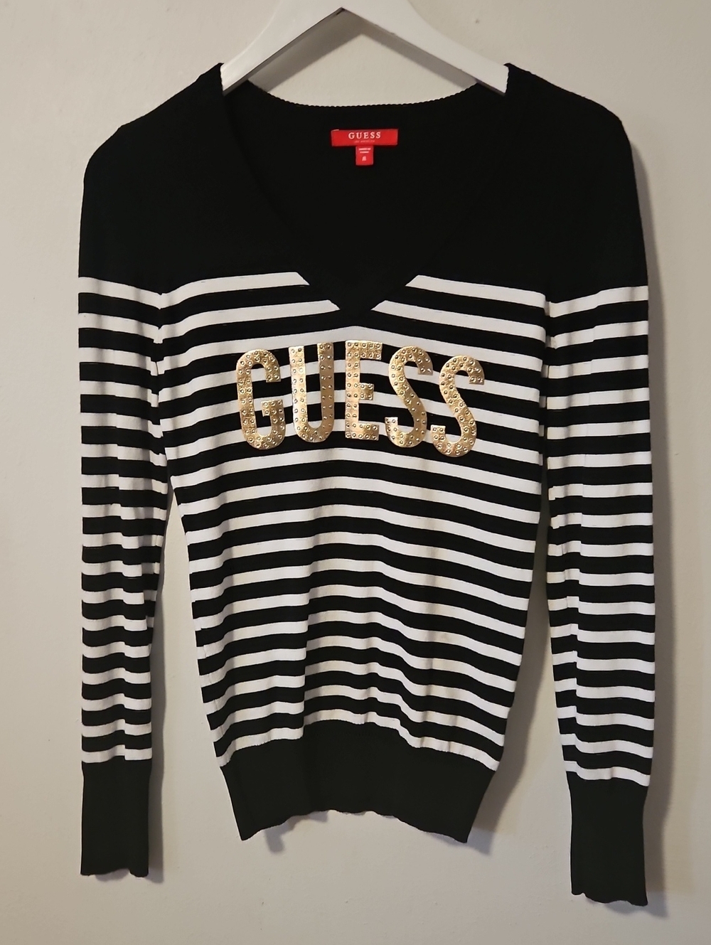 GUESS Black & White Striped V-Neck Sweater with Gold Sequin Logo M